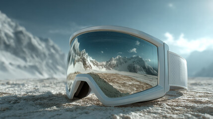 Futuristic ski goggles with mirrored lenses reflecting snowy mountain peaks, clean minimal style