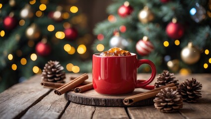 A hot drink in a red mug with cinnamon sticks and pinecones on a wooden surface, with blurred Christmas tree lights and ornaments in the background.