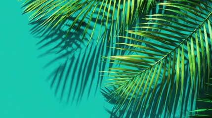 Lush green palm leaves casting dramatic shadows on a vibrant teal background