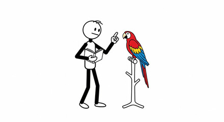 Stick figure lecture with a parrot perched, engaging colorful avian audience listen