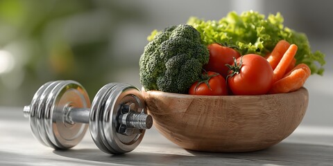 Healthy living concept: Fresh vegetables and dumbbell for balanced wellness