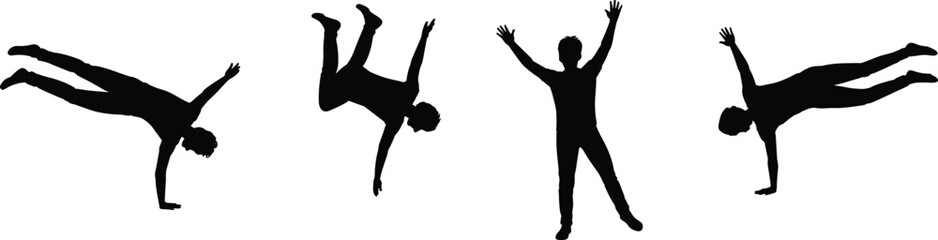 Silhouette of male gymnast in acrobatic poses, athlete performing handstands and flips, sports body movement vector, exercise illustration, fitness design, artistic motion