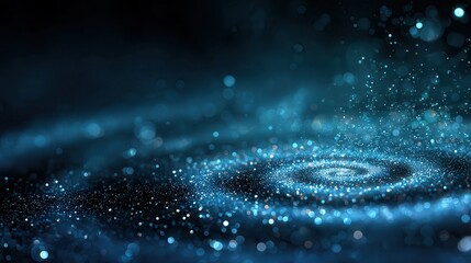 Abstract image of swirling blue particles and bokeh lights, creating a cosmic or ethereal effect. The dark background emphasizes the luminosity of the glowing dust.