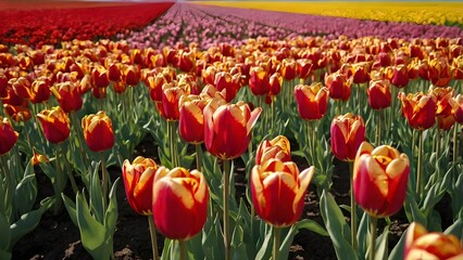 Obraz premium Vibrant Close-Up of Colorful Tulip Field in Full Bloom