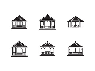 Set of Six Gazebo Icon Designs with Varying Roof and Railing Styles in Minimalist Black Silhouette on White Background