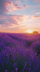 Fototapeta premium Expansive lavender field under a colorful sunset sky with soft clouds purple flowers photo