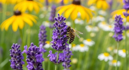 Obraz premium Bee's Delight Lavender and Yellow Blooms in a Summer Meadow, Pollinating Flowers