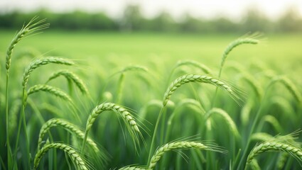 Green wheat plants in a field, close-up with a blurred background. Agricultural crops and farming concepts. Nature and plant growth. The image of crops in a rural setting.