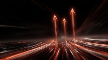 Obraz premium Three glowing arrows point upwards on a black background with streaks of light creating a futuristic, abstract scene.