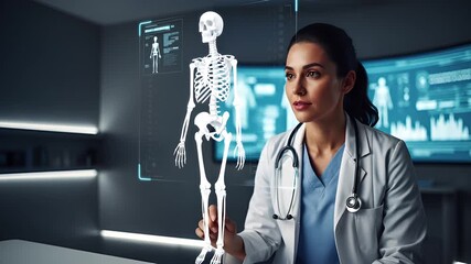 Female doctor in a futuristic laboratory analyzes a holographic human skeleton using advanced medical technology - Powered by Adobe