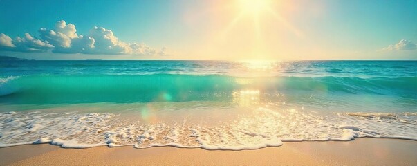 Golden sand sparkles under a vibrant summer sun, turquoise waves gently lap the shore Perfect for travel, vacation, and summer themed projects , texture, sea
