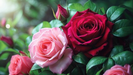 Pink and red roses with green leaves in a garden setting. Flowers and nature, floral arrangement. The beauty of roses in bloom.