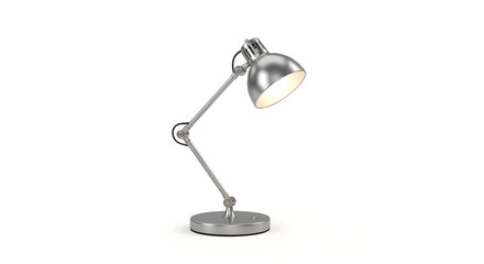 Silver desk lamp with light bulb on white background