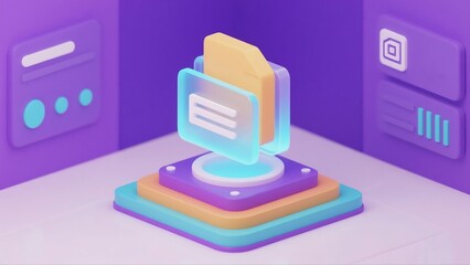 3d glowing folder icon on digital platform symbolizing storage, archive, and organization. Great for business, software, and internet presentations with transparent background.