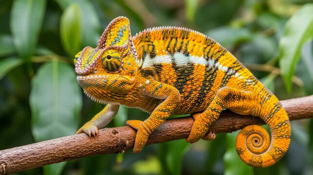 The bright blue-green chameleon slowly changes color to bright orange, sensing danger, perched on branch, tropical foliage background, for wildlife documentaries