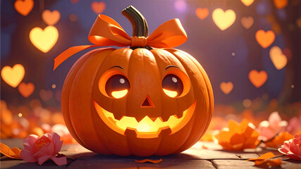 可愛いオレンジ色のりぼんのジャックオーランタン