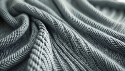 Close-up of a gray knitted fabric with detailed texture and pattern.