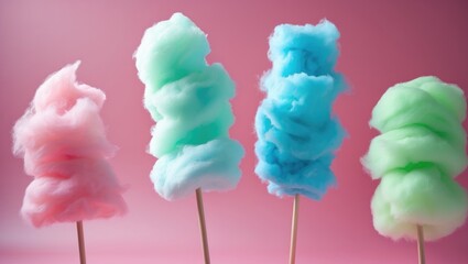 Colorful cotton candy on sticks against a pink background.