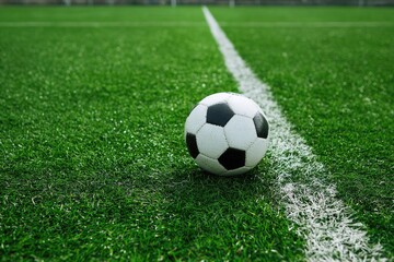 Fototapeta premium A classic black-and-white soccer ball rests on a vibrant green artificial turf field, near a crisp white sideline. The shallow depth of field emphasizes the ball