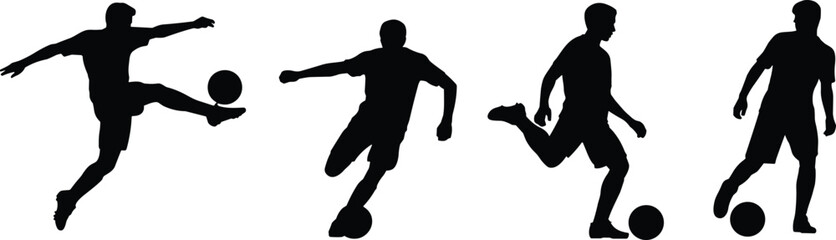 Soccer player silhouette kicking ball, football dribbling vector illustration, sports action graphic design, 