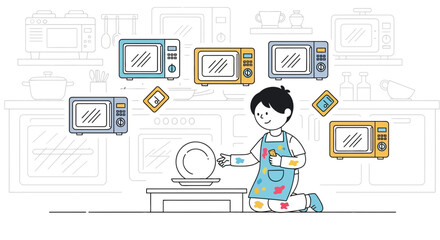 Naklejka premium A kitchen full of microwaves with a boy painting plates in a playful and artistic setting