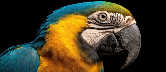 A vivid close-up of a parrot's head, featuring striking blue and yellow feathers against a stark black background, focusing on its detailed eye
