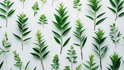 Obraz premium Different types of green botanical leaves arranged flat, showcasing various shapes and sizes of foliage.