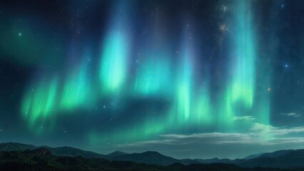 Naklejka premium Night sky with vibrant aurora borealis display over silhouetted mountains