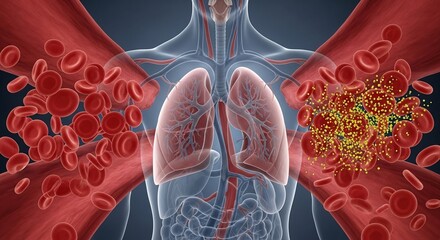 Human lungs surrounded by healthy and unhealthy blood cells to illustrate a pulmonary embolism