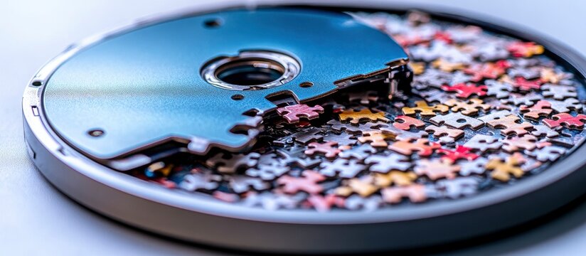 Digital Fragmentation: Hard Drive Platter with Missing Sections as Jigsaw Puzzle Pieces