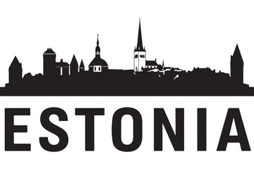 Naklejka premium Black silhouette of the estonia skyline with the country name isolated on white background, showcasing its architecture and national identity