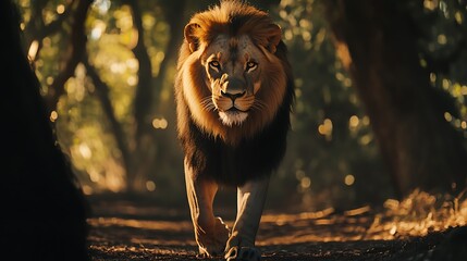 Fierce male lion walks through a sunlit forest with dark trees king of the jungle photo