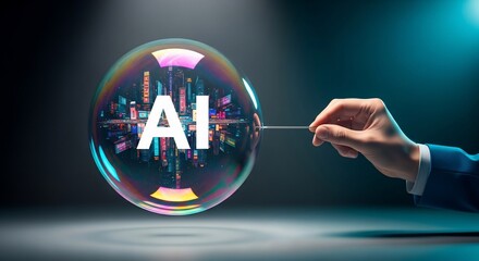 AI bubble bursts as tech industry faces uncertainty, hand holding needle near artificial intelligence