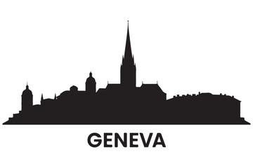 Naklejka premium Silhouette of geneva city skyline, switzerland isolated on white background, featuring the iconic st pierre cathedral and other landmarks