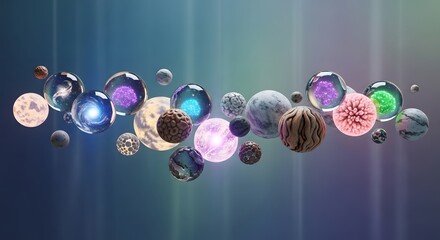 A vibrant collection of diverse, glowing orbs representing different worlds, planets, or concepts floating in a cosmic, abstract space.