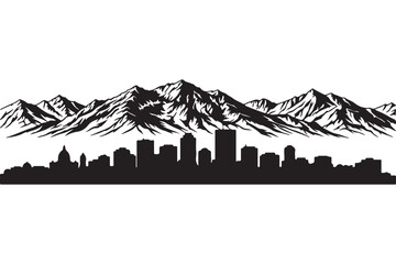 Striking black and white skyline of denver, colorado, isolated on white background, featuring the rocky mountains as a majestic backdrop