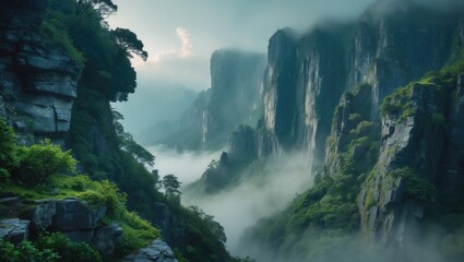 Lush green mountains with waterfalls and fog in a scenic natural landscape.