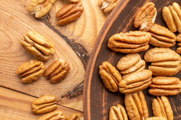 Shelled pecan nuts, top view, macro.