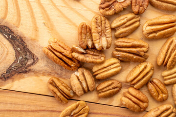 Shelled pecan nuts, top view, macro.