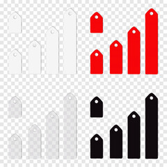 Blank label with hanging hole. Realistic 3d vector mockup set. White, black, red, clear transparent. Easy editable. Empty price tag. Mock-up kit. Template for design