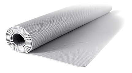 Roll of gray yoga mat on a white background with copy space