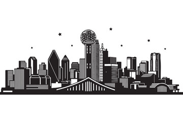 Obraz premium Silhouette of dallas skyline isolated on white background, showcasing the citys modern architecture and iconic landmarks against a clean backdrop