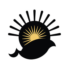 Black Silhouette of a Bird with Sunburst and Water Element