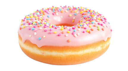 Delicious pink frosted donut with sprinkles on a white background with copy space