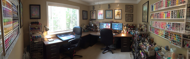Programmer at Home Office with Dual Screens, Mechanical Keyboard and Potted Plants for an Efficient Workspace