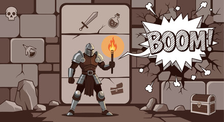 Obraz premium Cartoon knight with torch exploring dark dungeon full of traps and treasures with boom