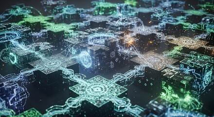 Abstract digital rendering of interconnected cubes and intricate glowing circuits, representing data flow.