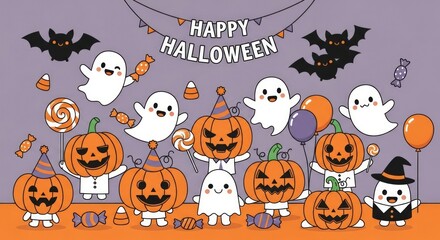 Obraz premium Happy Halloween scene with pumpkins, ghosts, bats, and candy for festive holiday celebrations