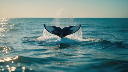 Fototapeta premium A whale's tail emerging from the ocean, with waves and a clear sky. Marine life and ocean scene, nature and wildlife, and the beauty of the sea.