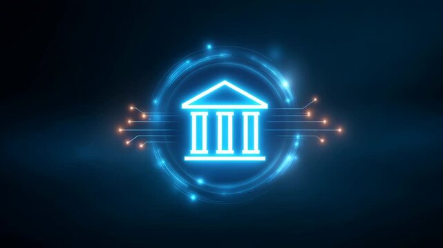 A futuristic virtual bank or online banking, symbolizing modern banking technology without branches or physical locations, operating entirely online.